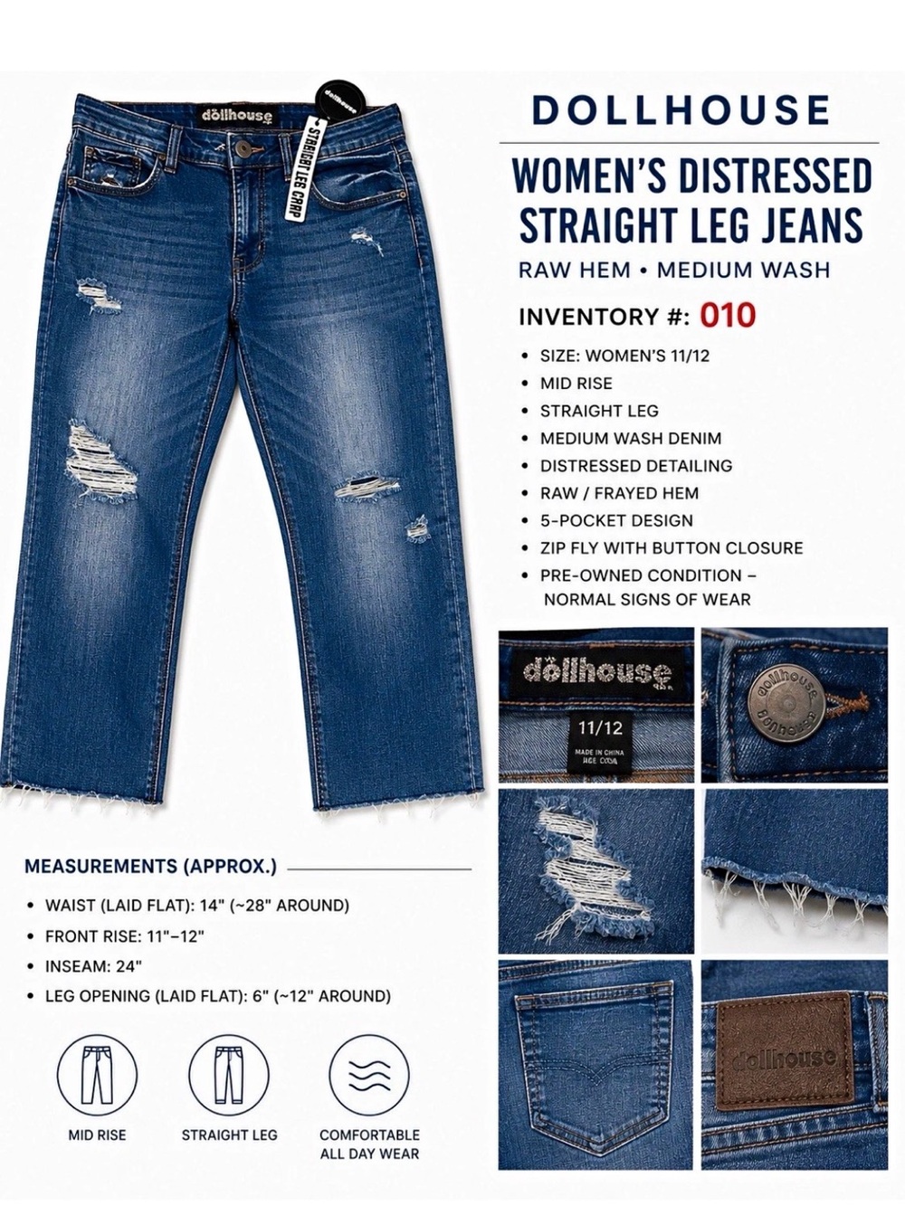 Dollhouse Women's Straight Leg Jeans - Medium Blue Distressed